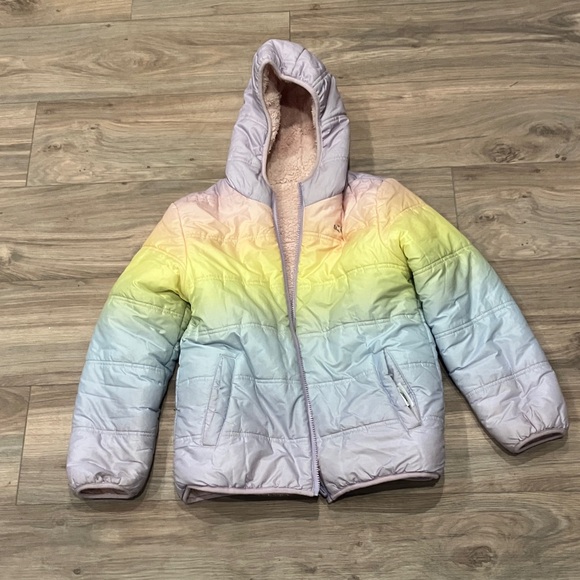 GIRLS EDDIE BAUER FLEECED LINED RAINBOW COLORED JACKET SIZE MEDIUM ( 10-12) - Picture 2 of 3